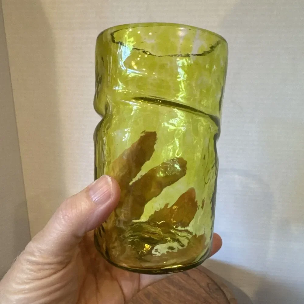 Hand Blown Art Glass Tumbler Yellow Spots Organic Pinched Shape 5” Tall Thick